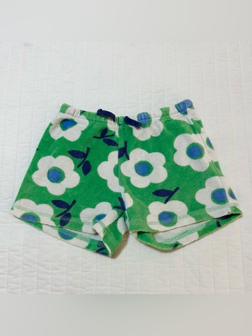 Mini Boden Floral Terry Shorts Drawstring Patch Pockets Green Girls Size 7Y